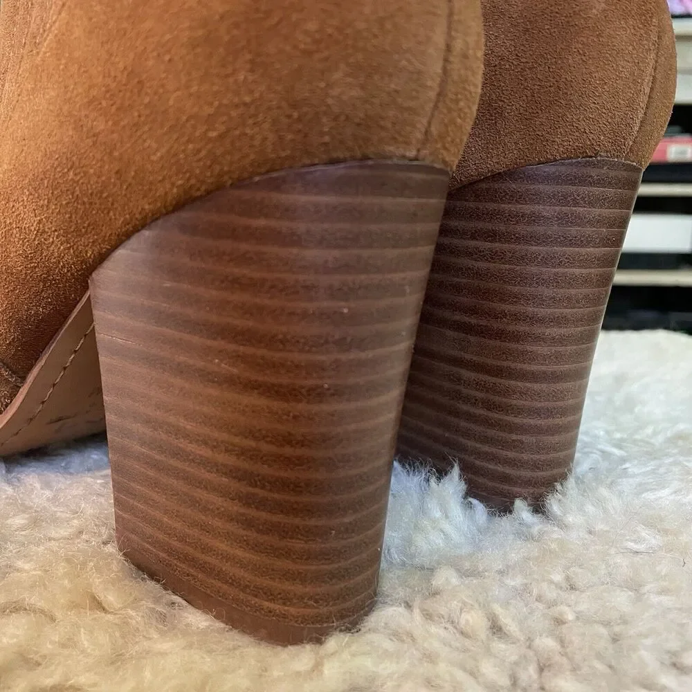 Marc Fisher‎ Alva Booties NEW Suede Leather Womens Size 10 M Cognac Stacked Heel